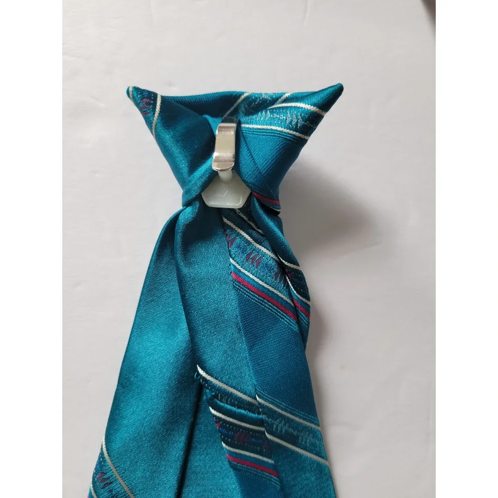 Teal Blue Striped Clip-On Necktie Pre-Tied Formal Dress Tie Unbranded